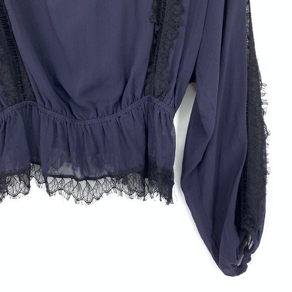 LoveShackFancy Long Sleeve Lace Inset Blouse Womens Size Small Navy Black Silk - Picture 4 of 6
